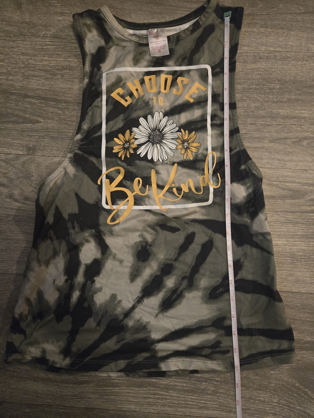 No Boundaries Olive Green and Black Tie-Dye Tank with Yellow Floral Graphic